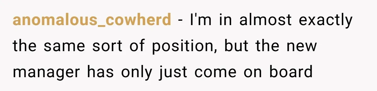 anomalous_cowherd − I'm in almost exactly the same sort of position, but the new manager has only just come on board