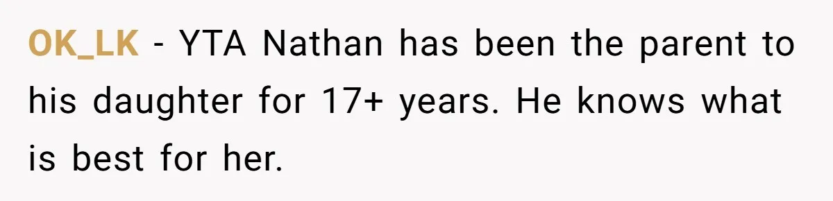 OK_LK − YTA Nathan has been the parent to his daughter for 17+ years. He knows what is best for her.