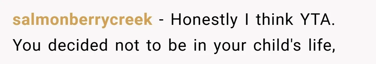 salmonberrycreek − Honestly I think YTA. You decided not to be in your child's life,