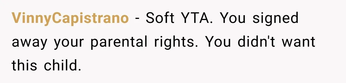VinnyCapistrano − Soft YTA. You signed away your parental rights. You didn't want this child.