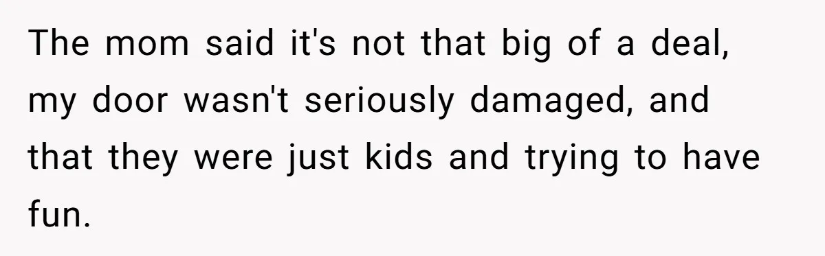 The mom said it's not that big of a deal, my door wasn't seriously damaged, and that they were just kids and trying to have fun.