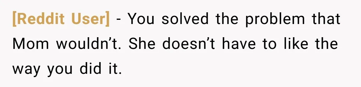 [Reddit User] − You solved the problem that Mom wouldn’t. She doesn’t have to like the way you did it.