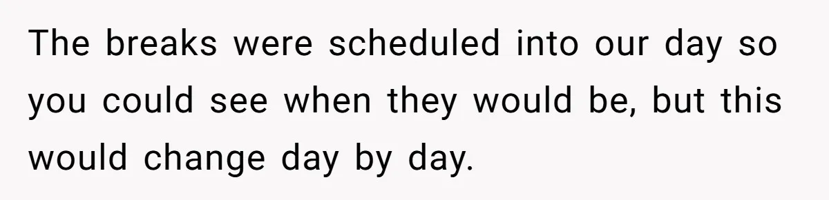 Micromanaging Boss Demands Exact Break Times, Employee Obeys Perfectly, The Whole System Backfires The breaks were scheduled into our day so you could see when they would be, but this would change day by day.