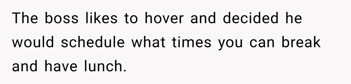 Micromanaging Boss Demands Exact Break Times, Employee Obeys Perfectly, The Whole System Backfires The boss likes to hover and decided he would schedule what times you can break and have lunch.