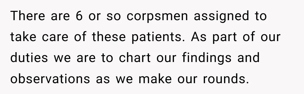 There are 6 or so corpsmen assigned to take care of these patients. As part of our duties we are to chart our findings and observations as we make our...