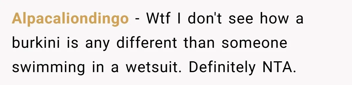 Alpacaliondingo − Wtf I don't see how a burkini is any different than someone swimming in a wetsuit. Definitely NTA.
