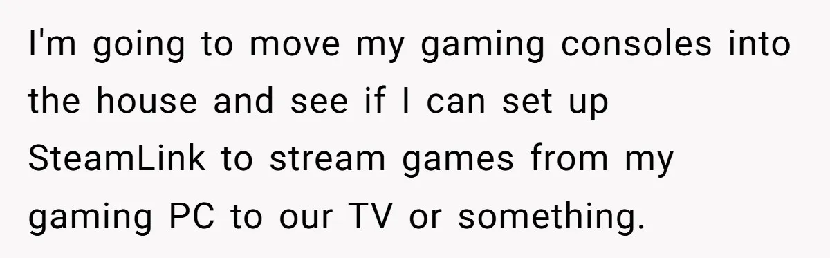 I'm going to move my gaming consoles into the house and see if I can set up SteamLink to stream games from my gaming PC to our TV or something.