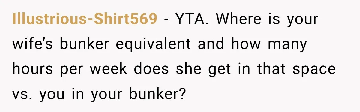 Illustrious-Shirt569 − YTA. Where is your wife’s bunker equivalent and how many hours per week does she get in that space vs. you in your bunker?