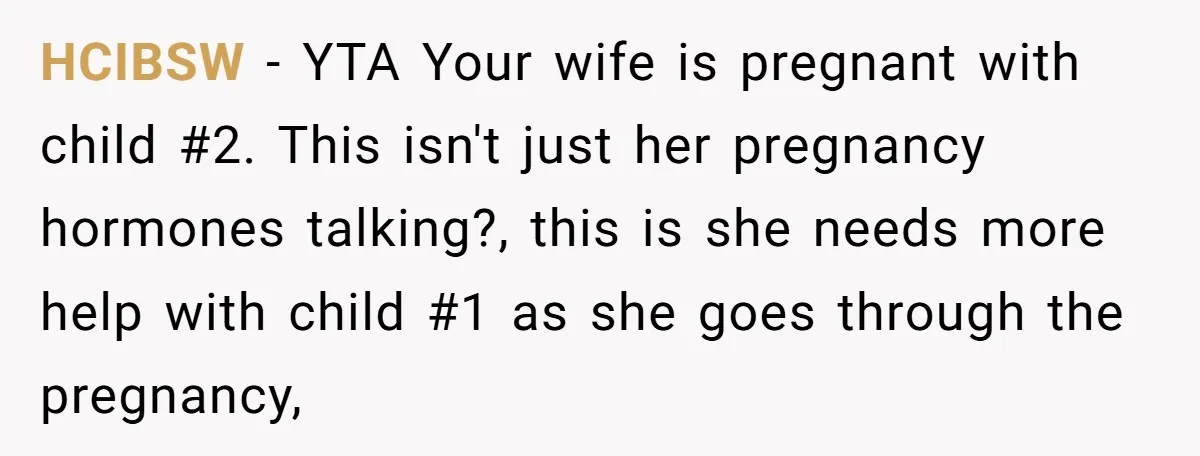 HCIBSW − YTA Your wife is pregnant with child #2. This isn't just her pregnancy hormones talking?, this is she needs more help with child #1 as she goes through...