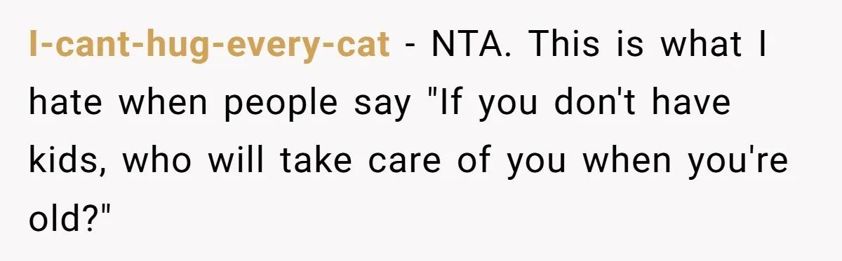I-cant-hug-every-cat − NTA. This is what I hate when people say "If you don't have kids, who will take care of you when you're old?"