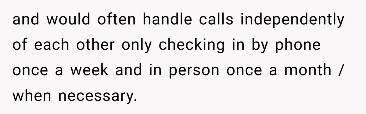 and would often handle calls independently of each other only checking in by phone once a week and in person once a month / when necessary.