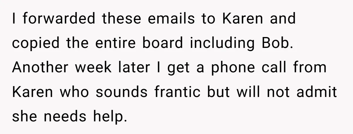 I forwarded these emails to Karen and copied the entire board including Bob. Another week later I get a phone call from Karen who sounds frantic but will not admit...