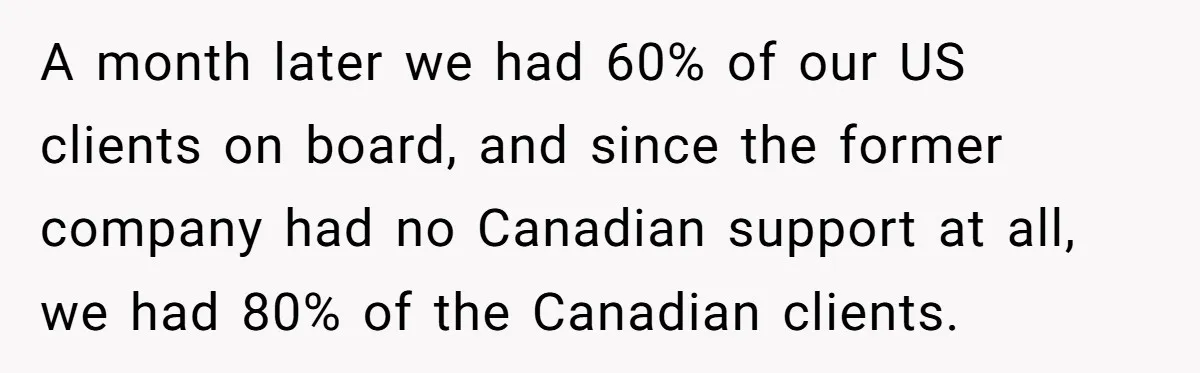 A month later we had 60% of our US clients on board, and since the former company had no Canadian support at all, we had 80% of the Canadian clients.