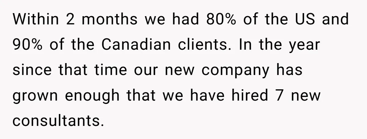 Within 2 months we had 80% of the US and 90% of the Canadian clients. In the year since that time our new company has grown enough that we have...
