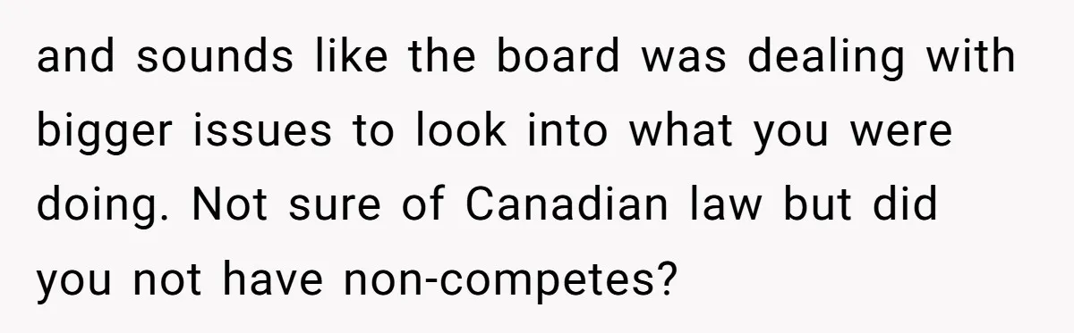 and sounds like the board was dealing with bigger issues to look into what you were doing. Not sure of Canadian law but did you not have non-competes?