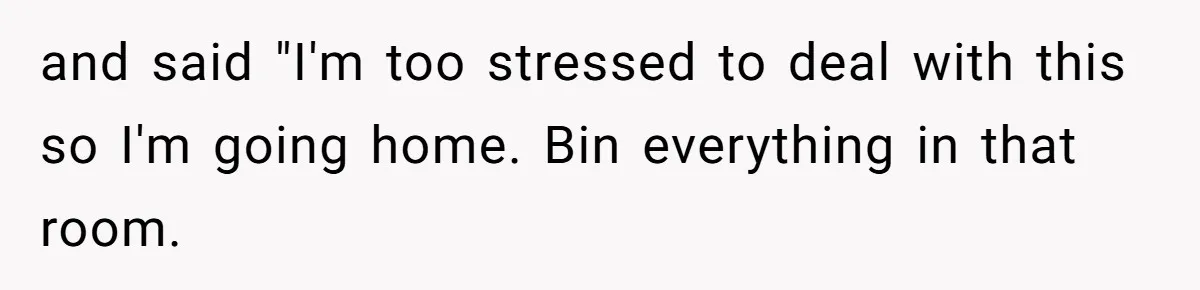 and said "I'm too stressed to deal with this so I'm going home. Bin everything in that room.