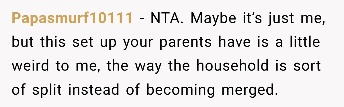 Papasmurf10111 − NTA. Maybe it’s just me, but this set up your parents have is a little weird to me, the way the household is sort of split instead of...