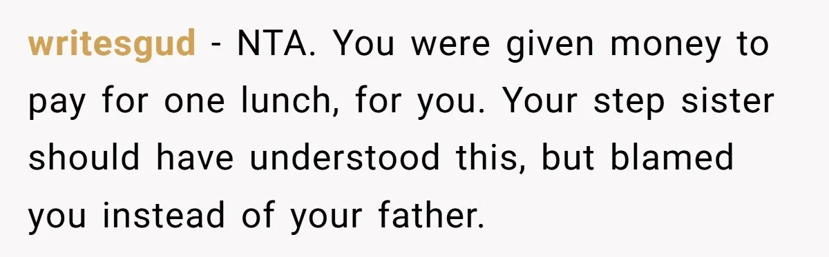 writesgud − NTA. You were given money to pay for one lunch, for you. Your step sister should have understood this, but blamed you instead of your father.