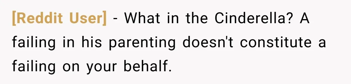 [Reddit User] − What in the Cinderella? A failing in his parenting doesn't constitute a failing on your behalf.