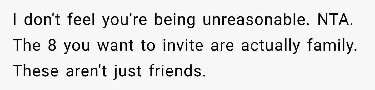 I don't feel you're being unreasonable. NTA. The 8 you want to invite are actually family. These aren't just friends.