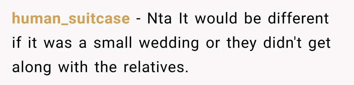 human_suitcase − Nta It would be different if it was a small wedding or they didn't get along with the relatives.