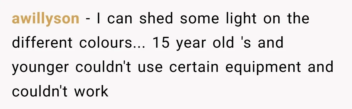 awillyson - I can shed some light on the different colours... 15 year old 's and younger couldn't use certain equipment and couldn't work