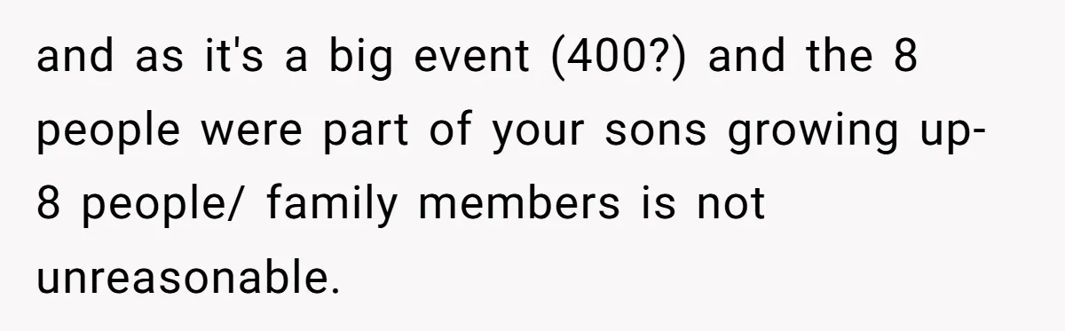 and as it's a big event (400?) and the 8 people were part of your sons growing up- 8 people/ family members is not unreasonable.