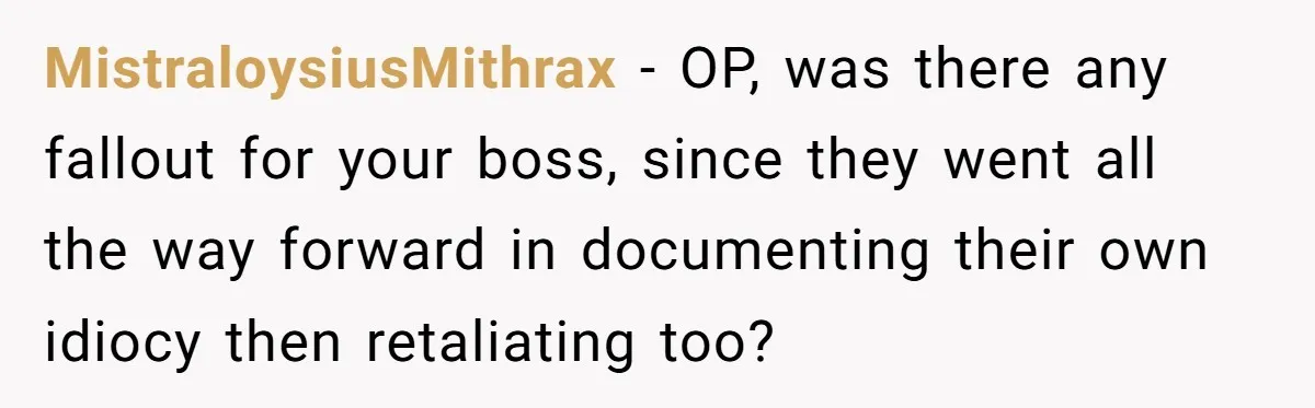 MistraloysiusMithrax - OP, was there any fallout for your boss, since they went all the way forward in documenting their own idiocy then retaliating too?