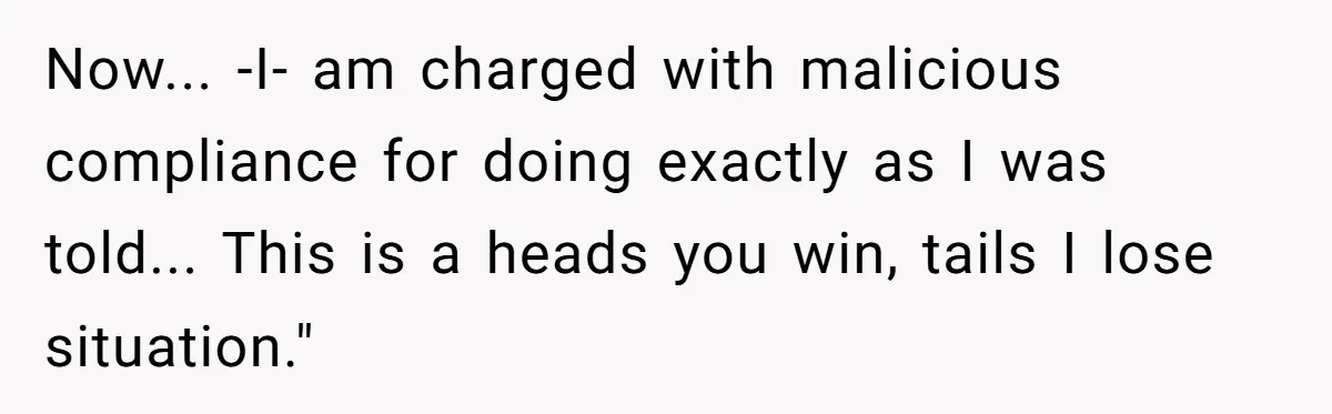 Now... -I- am charged with malicious compliance for doing exactly as I was told... This is a heads you win, tails I lose situation."
