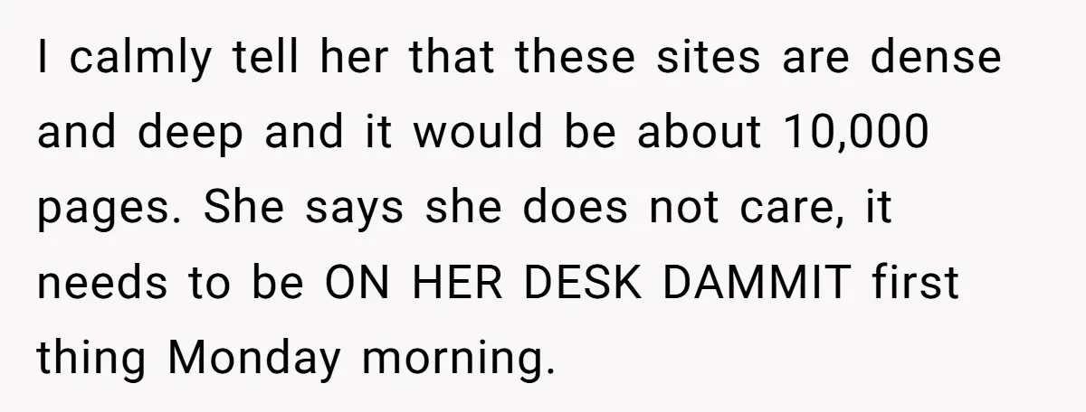 I calmly tell her that these sites are dense and deep and it would be about 10,000 pages. She says she does not care, it needs to be ON HER...