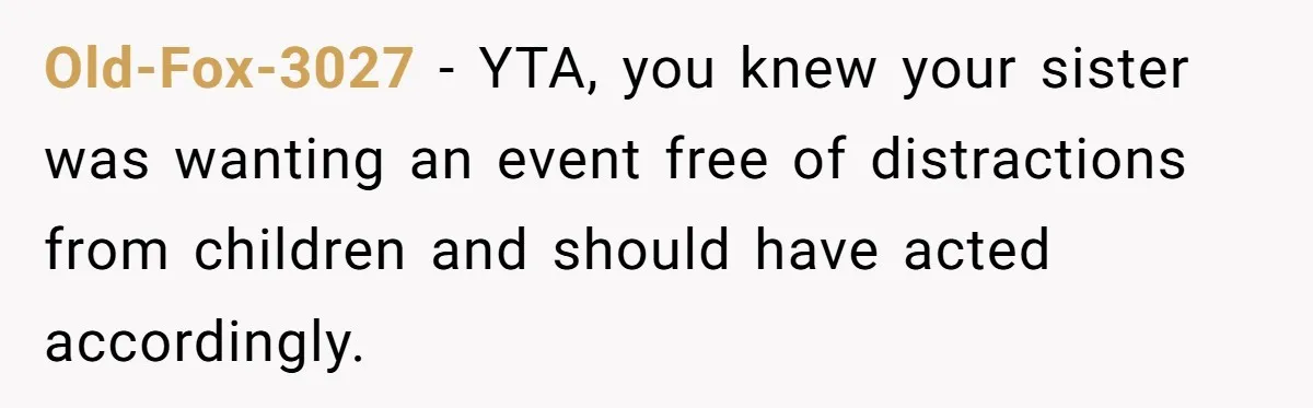 Old-Fox-3027 − YTA, you knew your sister was wanting an event free of distractions from children and should have acted accordingly.
