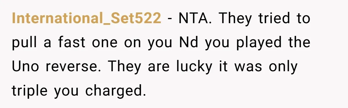 International_Set522 - NTA. They tried to pull a fast one on you Nd you played the Uno reverse. They are lucky it was only triple you charged.