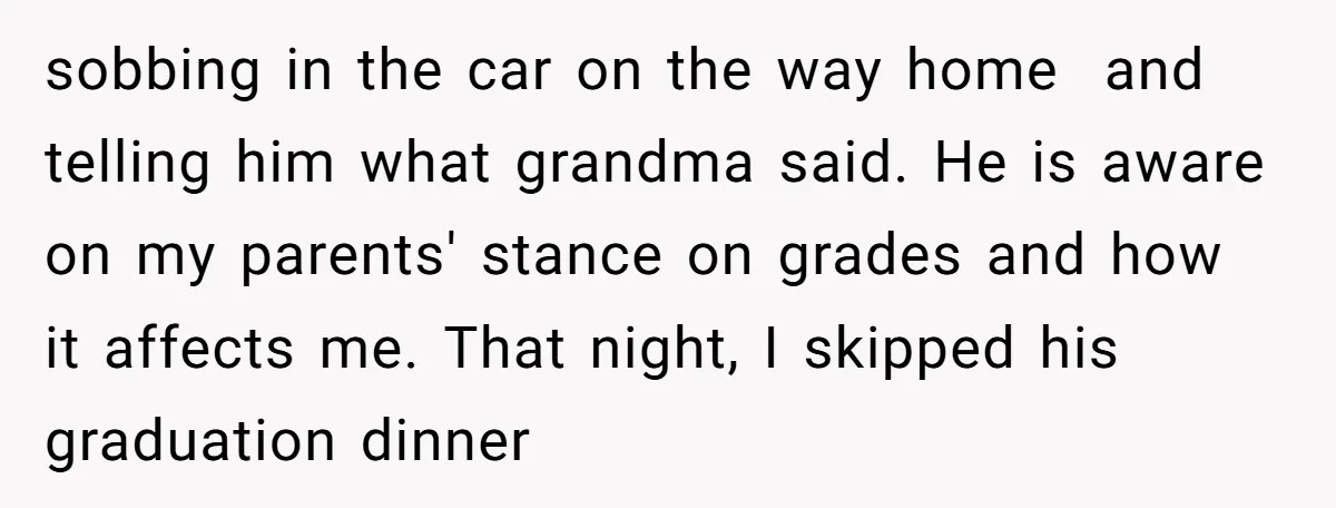 sobbing in the car on the way home and telling him what grandma said. He is aware on my parents' stance on grades and how it affects me. That night,...
