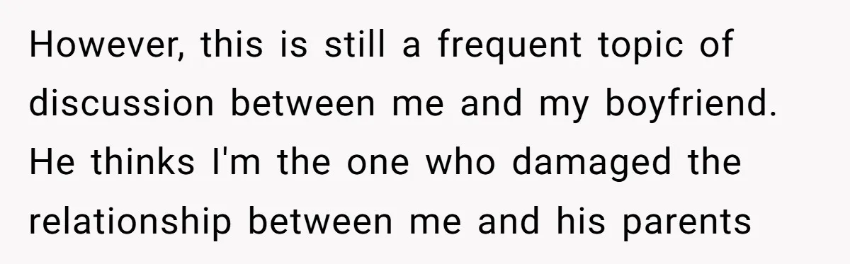 However, this is still a frequent topic of discussion between me and my boyfriend. He thinks I'm the one who damaged the relationship between me and his parents