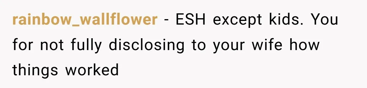 rainbow_wallflower - ESH except kids. You for not fully disclosing to your wife how things worked