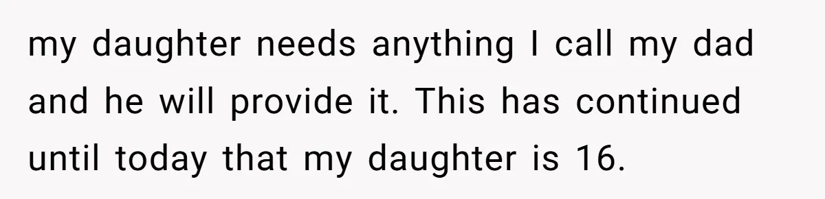 my daughter needs anything I call my dad and he will provide it. This has continued until today that my daughter is 16.