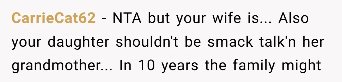 CarrieCat62 - NTA but your wife is... Also your daughter shouldn't be smack talk'n her grandmother... In 10 years the family might