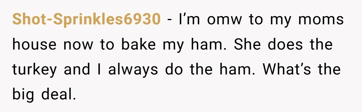 Shot-Sprinkles6930 - I’m omw to my moms house now to bake my ham. She does the turkey and I always do the ham. What’s the big deal.
