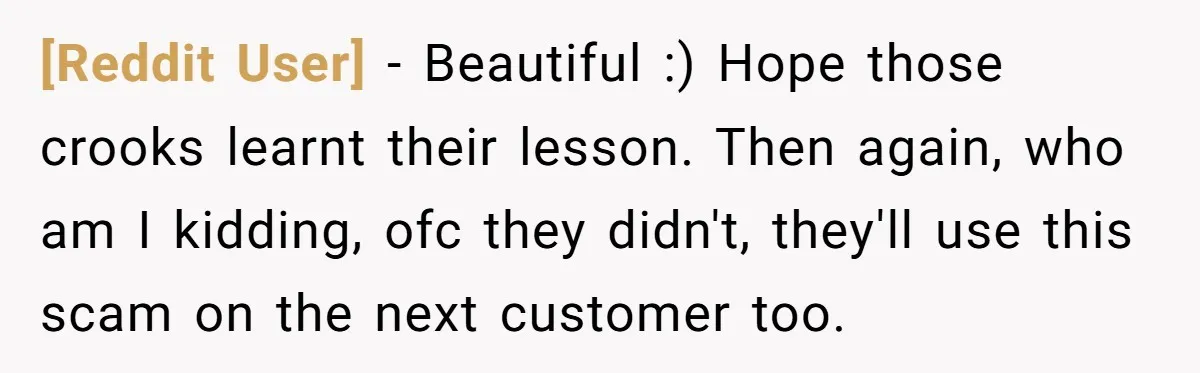 [Reddit User] - Beautiful :) Hope those crooks learnt their lesson. Then again, who am I kidding, ofc they didn't, they'll use this scam on the next customer too.
