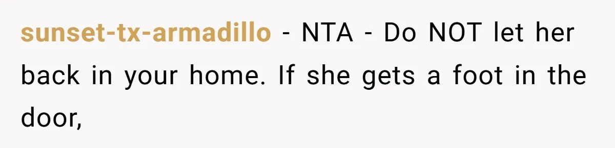 sunset-tx-armadillo - NTA - Do NOT let her back in your home. If she gets a foot in the door,
