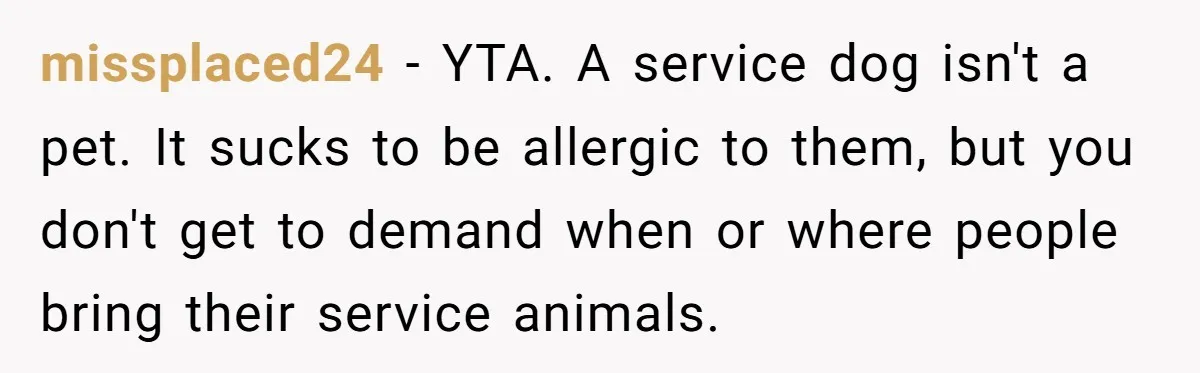 missplaced24 - YTA. A service dog isn't a pet. It sucks to be allergic to them, but you don't get to demand when or where people bring their service animals.