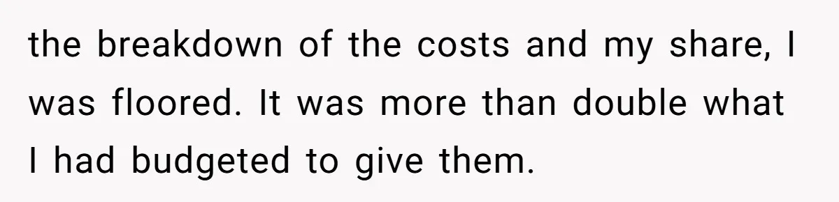 the breakdown of the costs and my share, I was floored. It was more than double what I had budgeted to give them.