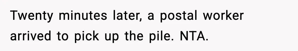 Twenty minutes later, a postal worker arrived to pick up the pile. NTA.