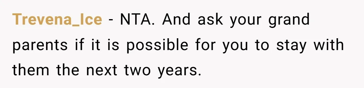 Trevena_Ice - NTA. And ask your grand parents if it is possible for you to stay with them the next two years.