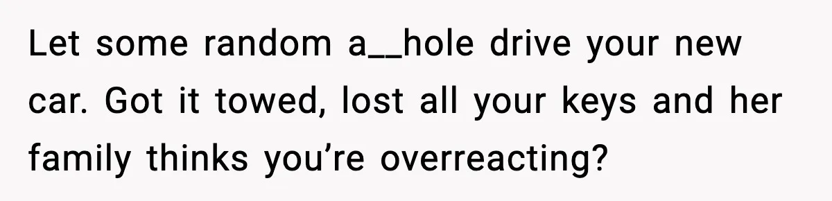 Let some random a__hole drive your new car. Got it towed, lost all your keys and her family thinks you’re overreacting?