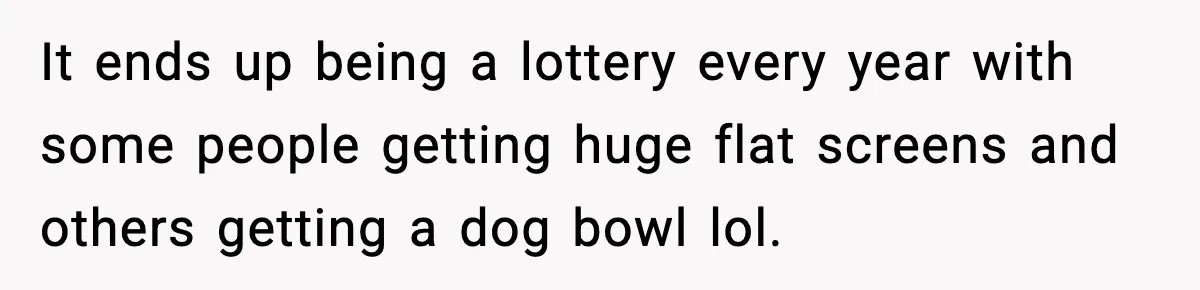 It ends up being a lottery every year with some people getting huge flat screens and others getting a dog bowl lol.