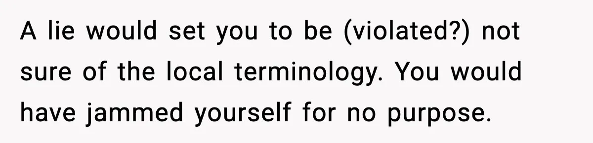 Woman Calls Ex-Roommate When Cops Come Knocking, Gets Accused Of “Betrayal” A lie would set you to be (violated?) not sure of the local terminology. You would have jammed yourself for no purpose.