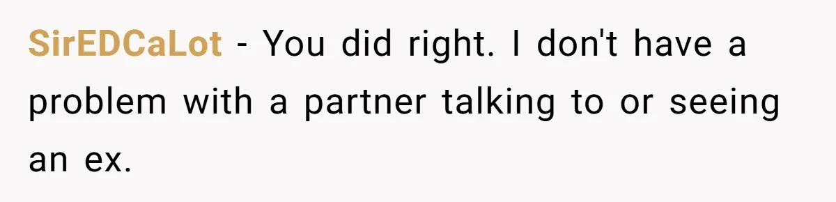 SirEDCaLot − You did right. I don't have a problem with a partner talking to or seeing an ex.