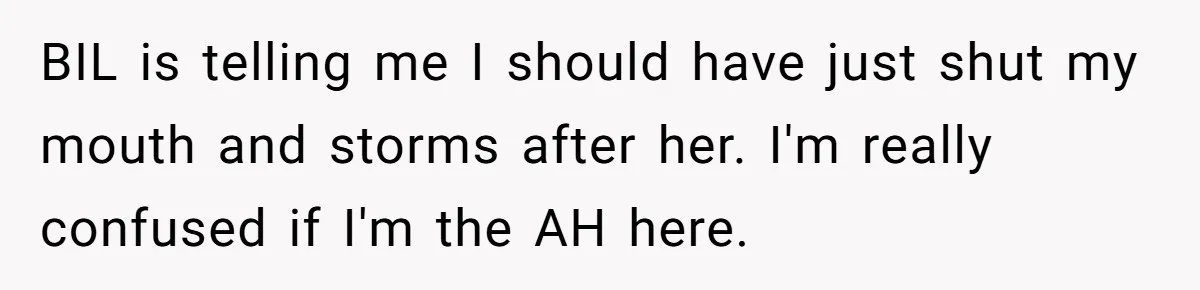 BIL is telling me I should have just shut my mouth and storms after her. I'm really confused if I'm the AH here.