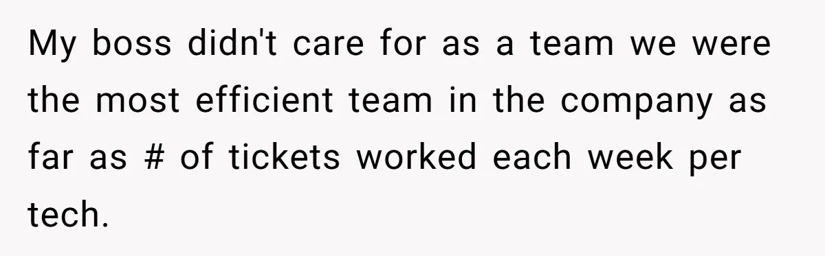 My boss didn't care for as a team we were the most efficient team in the company as far as # of tickets worked each week per tech.